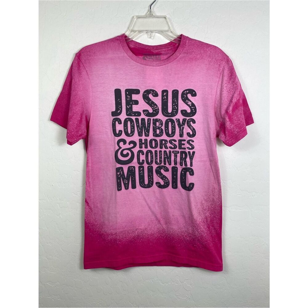 Pink Ombre Short Sleeve Tee with 'Jesus Cowboys & Horses Country Music'